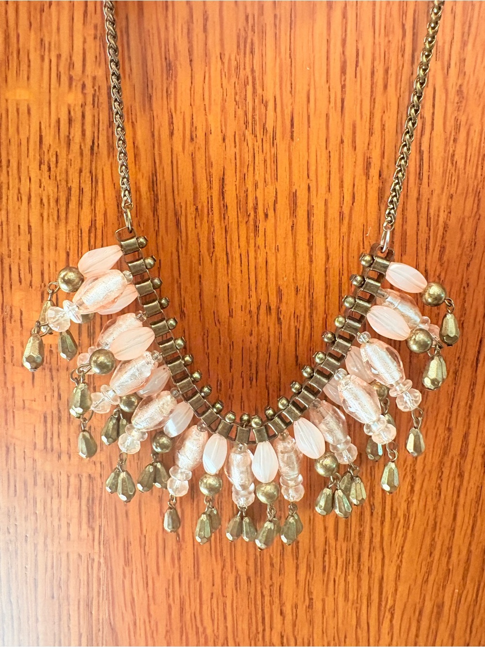 Vintage Pink Bead Fringe Antique Gold Bib Necklace Statement Piece